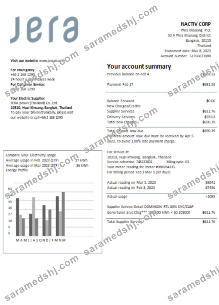 JERA power (Thailand) Co., Ltd. utility business bill, SCR
